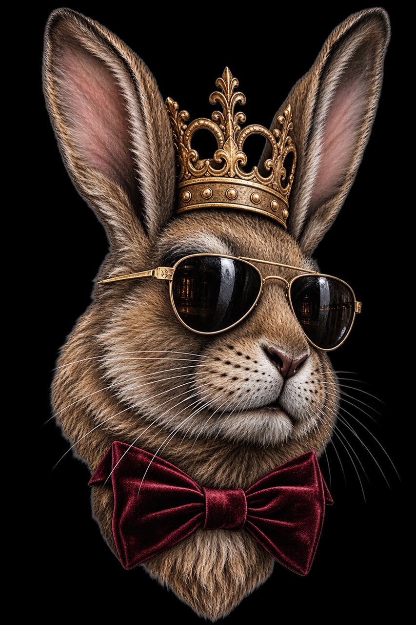 The Bad Rabbit mascot — a rabbit wearing a gold crown, aviator sunglasses, and a burgundy velvet bow tie.